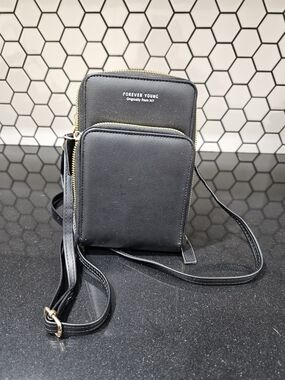 Forever Young Black Compact Crossbody Phone Pouch with Gold Zippers